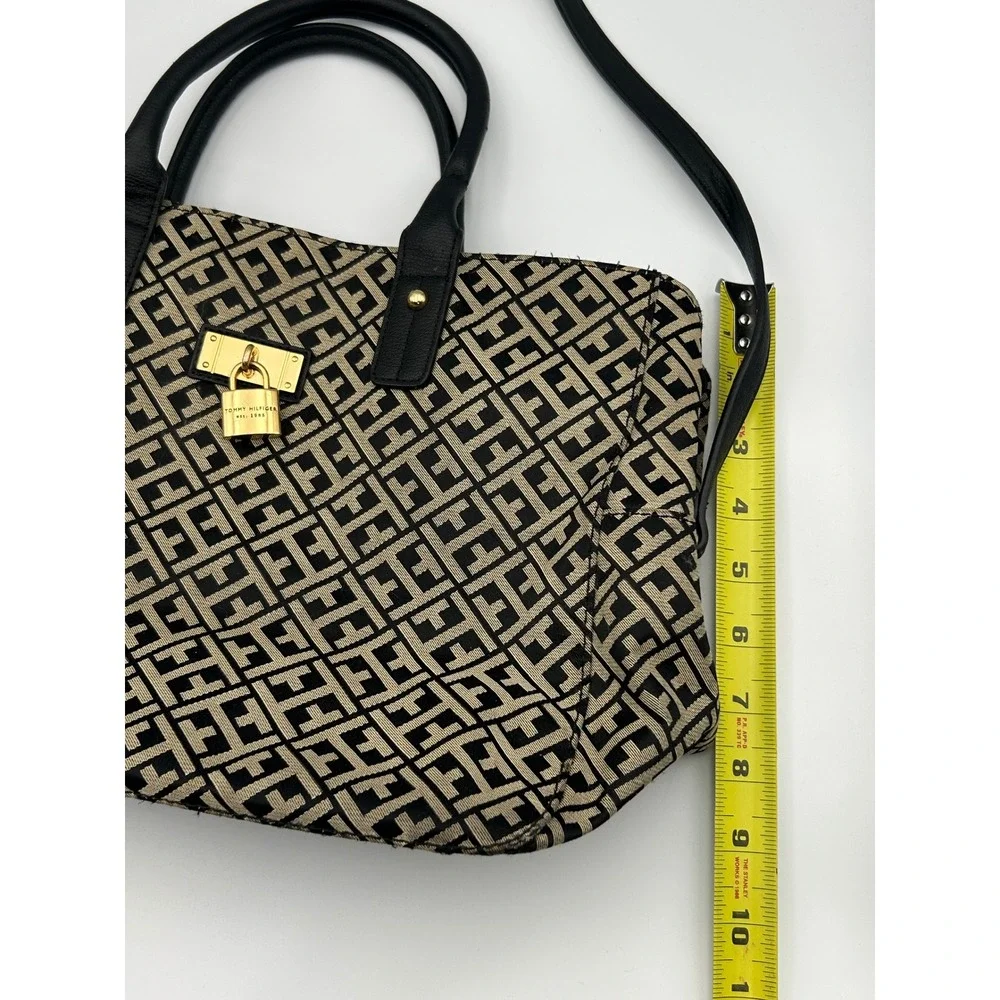 Tommy Hilfiger Monogram Satchel Bag Black Tan Jacquard Crossbody Gold Lock